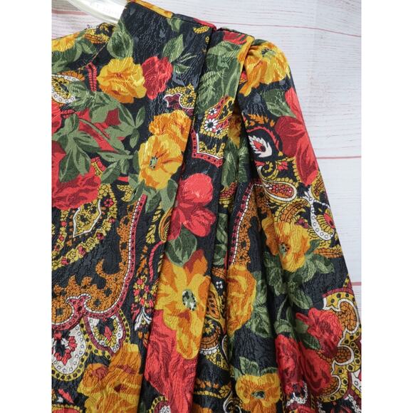 Vintage Eva Laurel New York Size 10 Floral Long Sleeve Pleated Blouse Red Orange - Picture 4 of 8